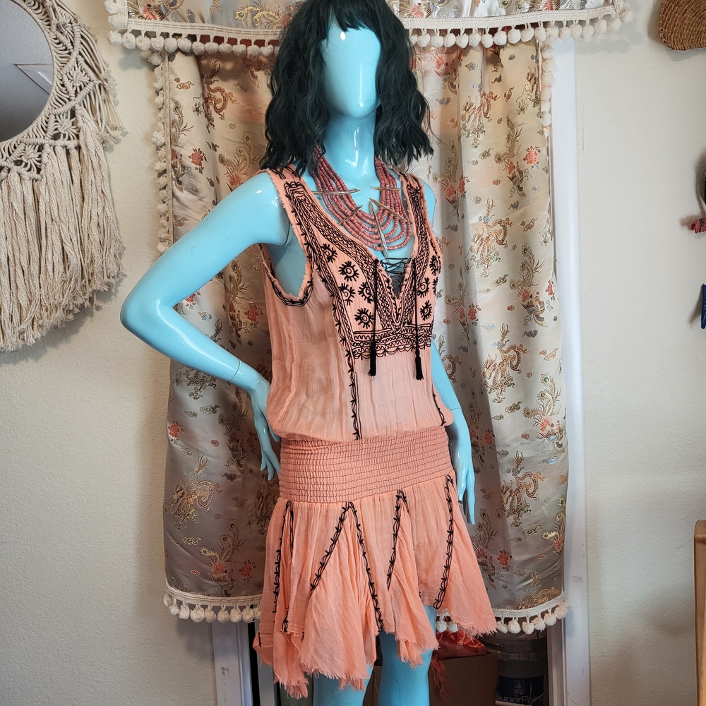 Free People Peach and Black Embroidered Swim Coverup